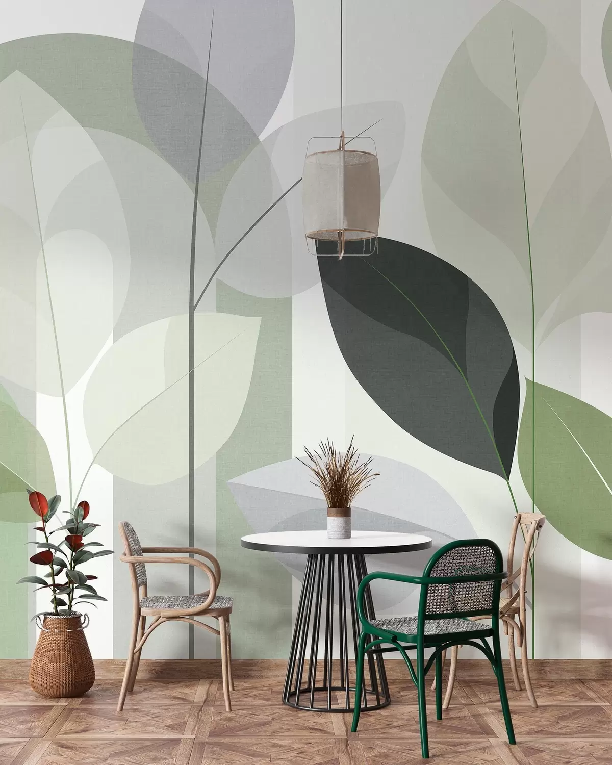 murales de pared un diseño abstracto con hojas en un estilo de tejido mate en tonos verdes w05986v1