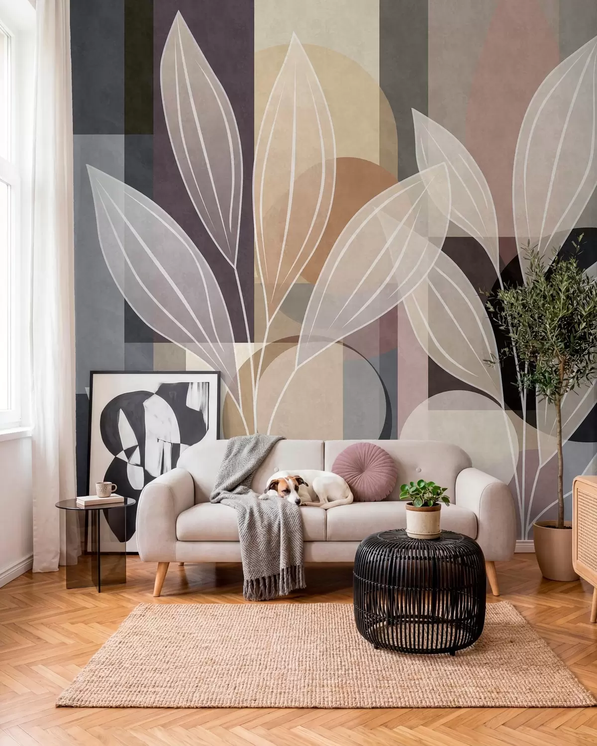 murales de pared hojas estilizadas sobre un fondo geométrico en tonos beige y colores oscuros w05987