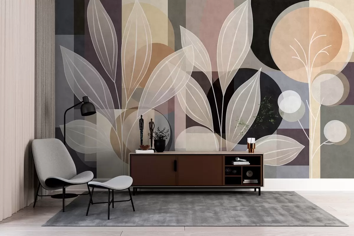 murales de pared hojas estilizadas sobre un fondo geométrico en tonos beige y colores oscuros w05987