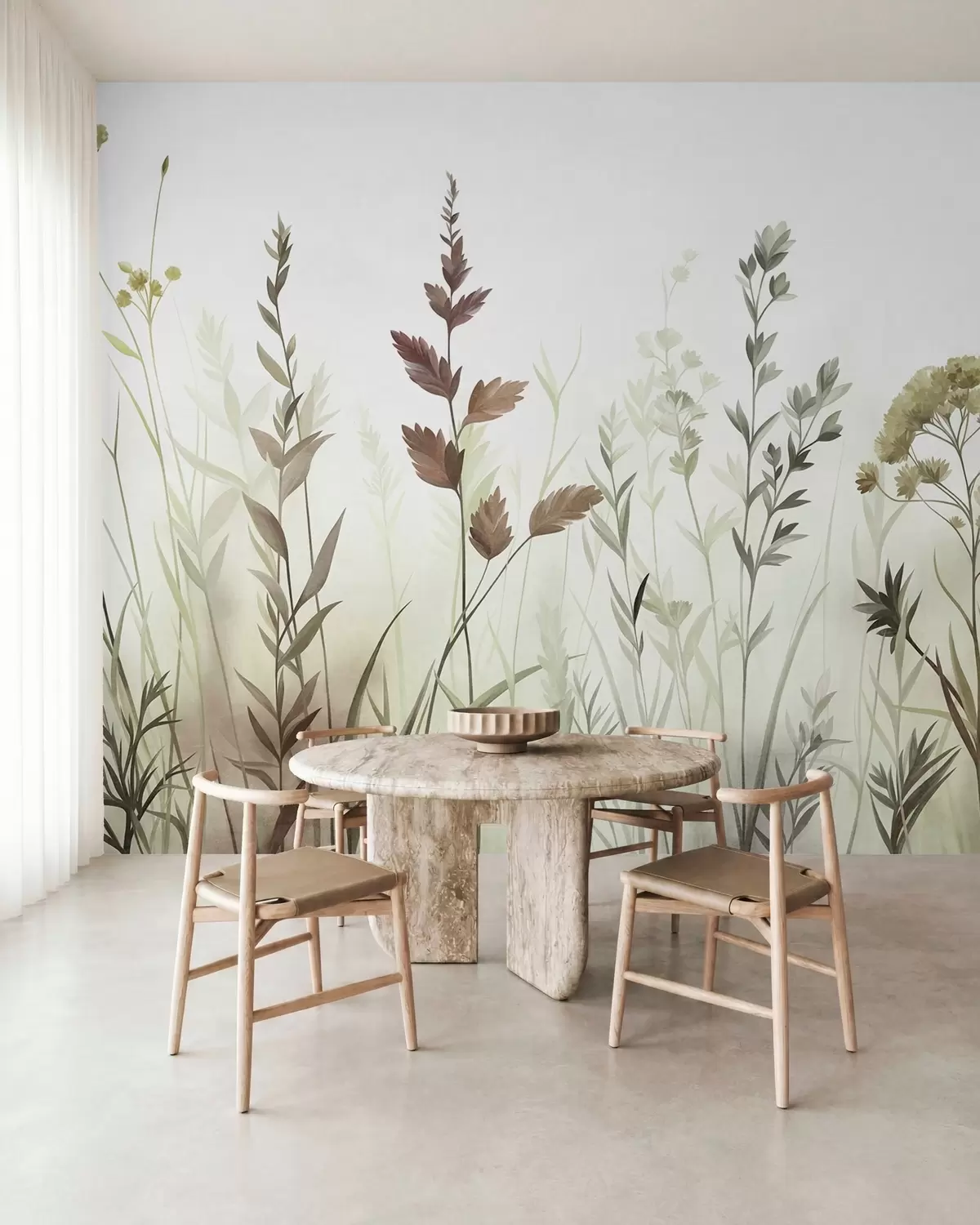 murales de pared Hierbas silvestres altas y flores silvestres en tonos verdes apagados, estética minimalista w10084v1