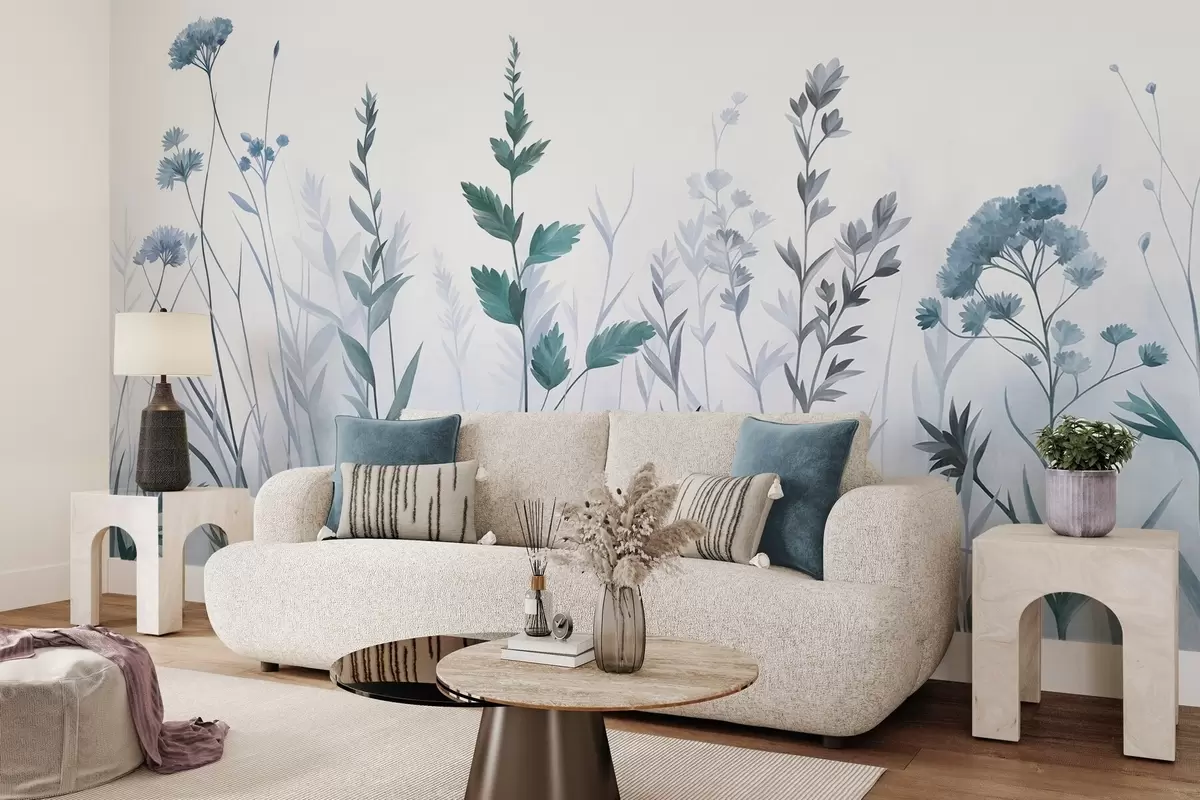 murales de pared Hierbas silvestres altas y flores silvestres en tonos azules apagados, estética minimalista w10084v2