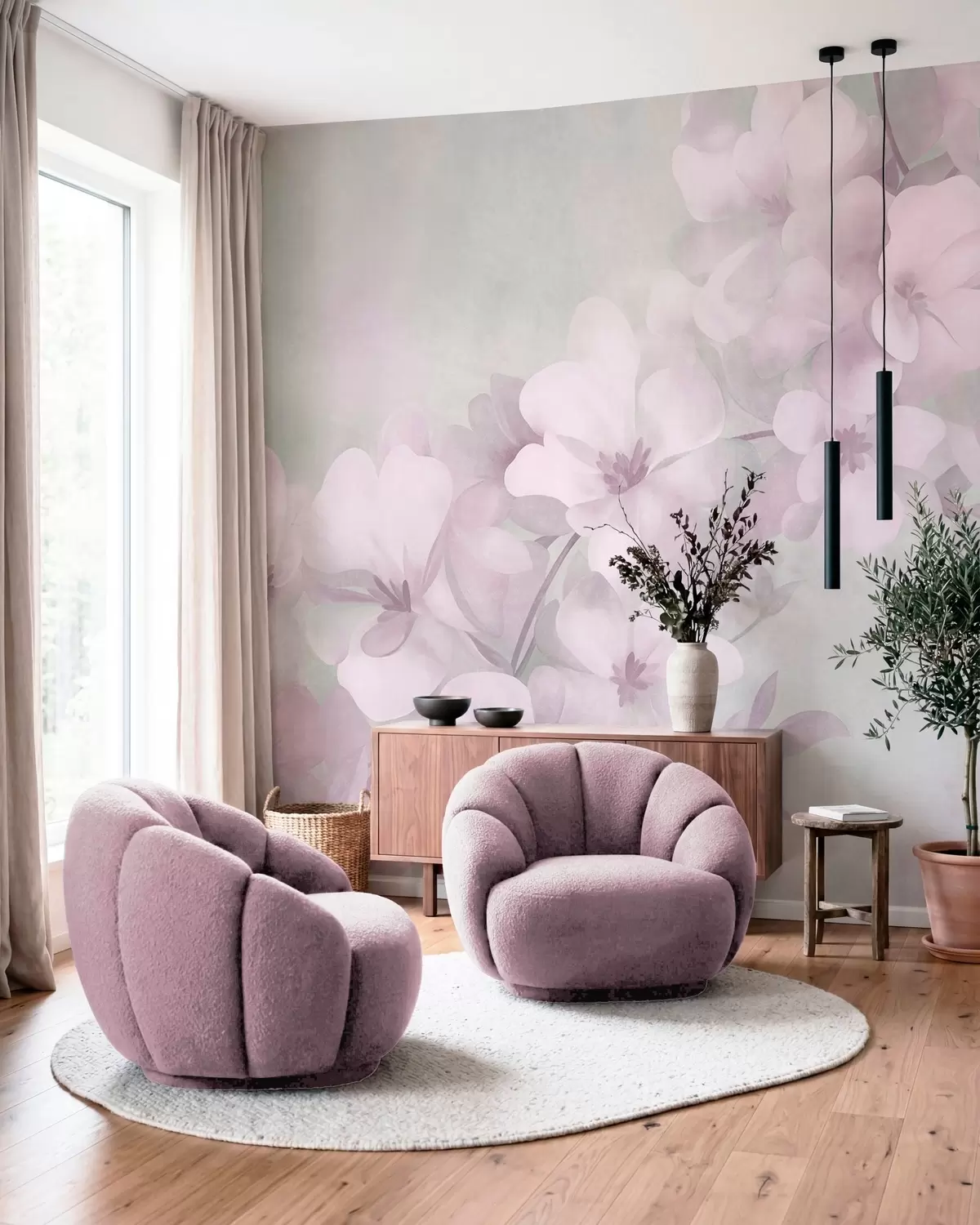 murales de pared Flores blancas en una rama, suaves tonos pastel, fondo verde claro con textura w10107v1