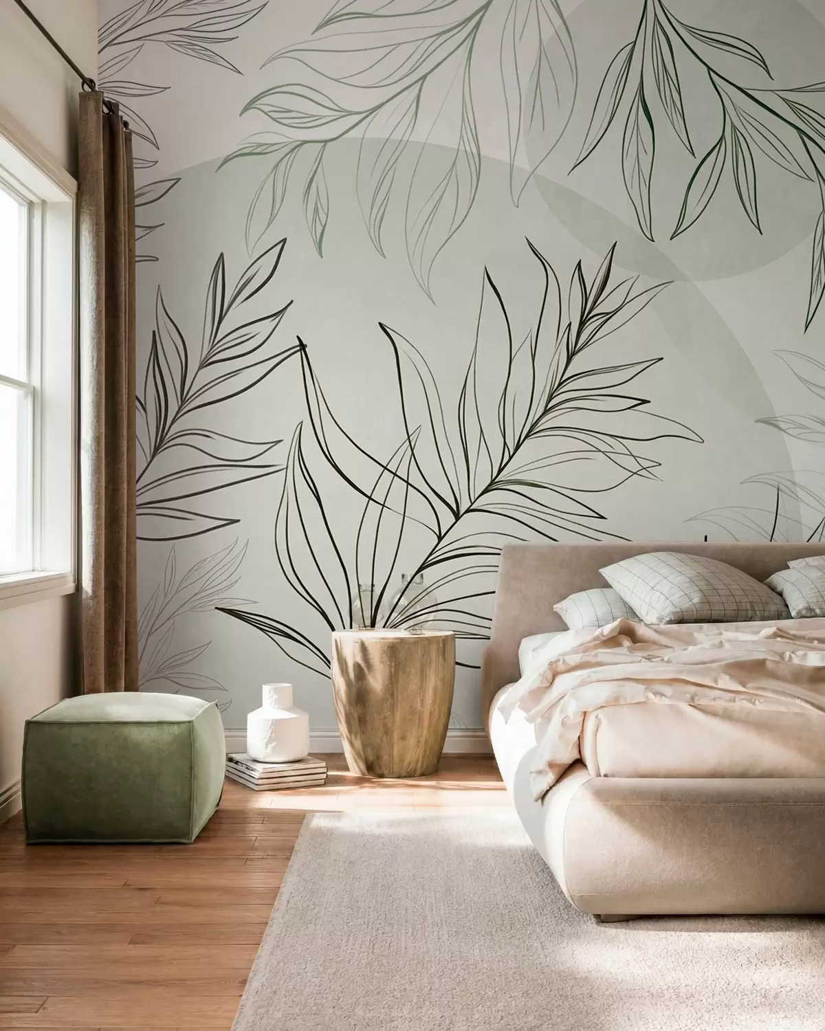 murales de pared Dibujo minimalista de hojas y follaje tropicales, con formas circulares en tonos pastel w10111v2