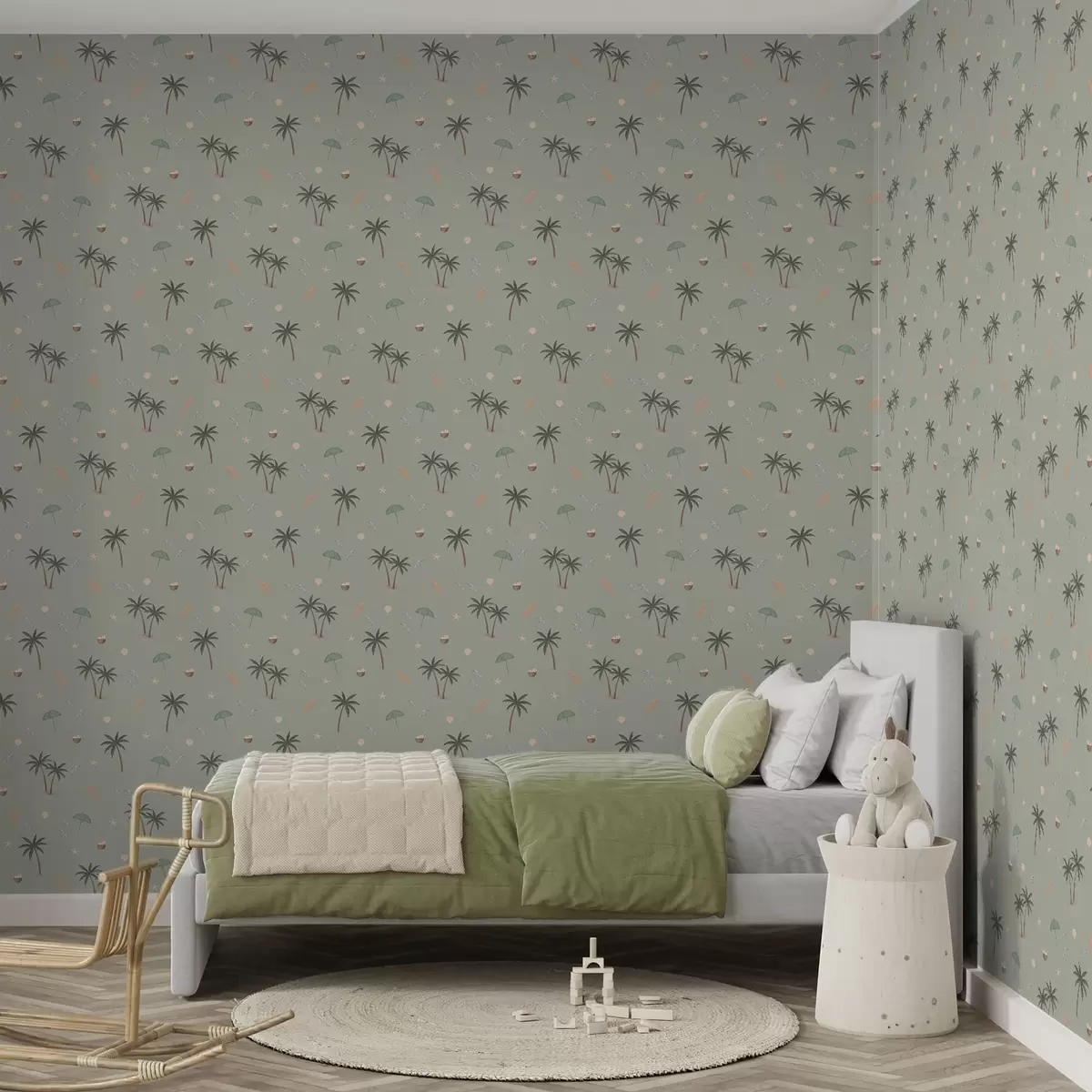 Papel pintado Palmeras tropicales, pájaros y conchas marinas sobre un fondo verde salvia a01280v1