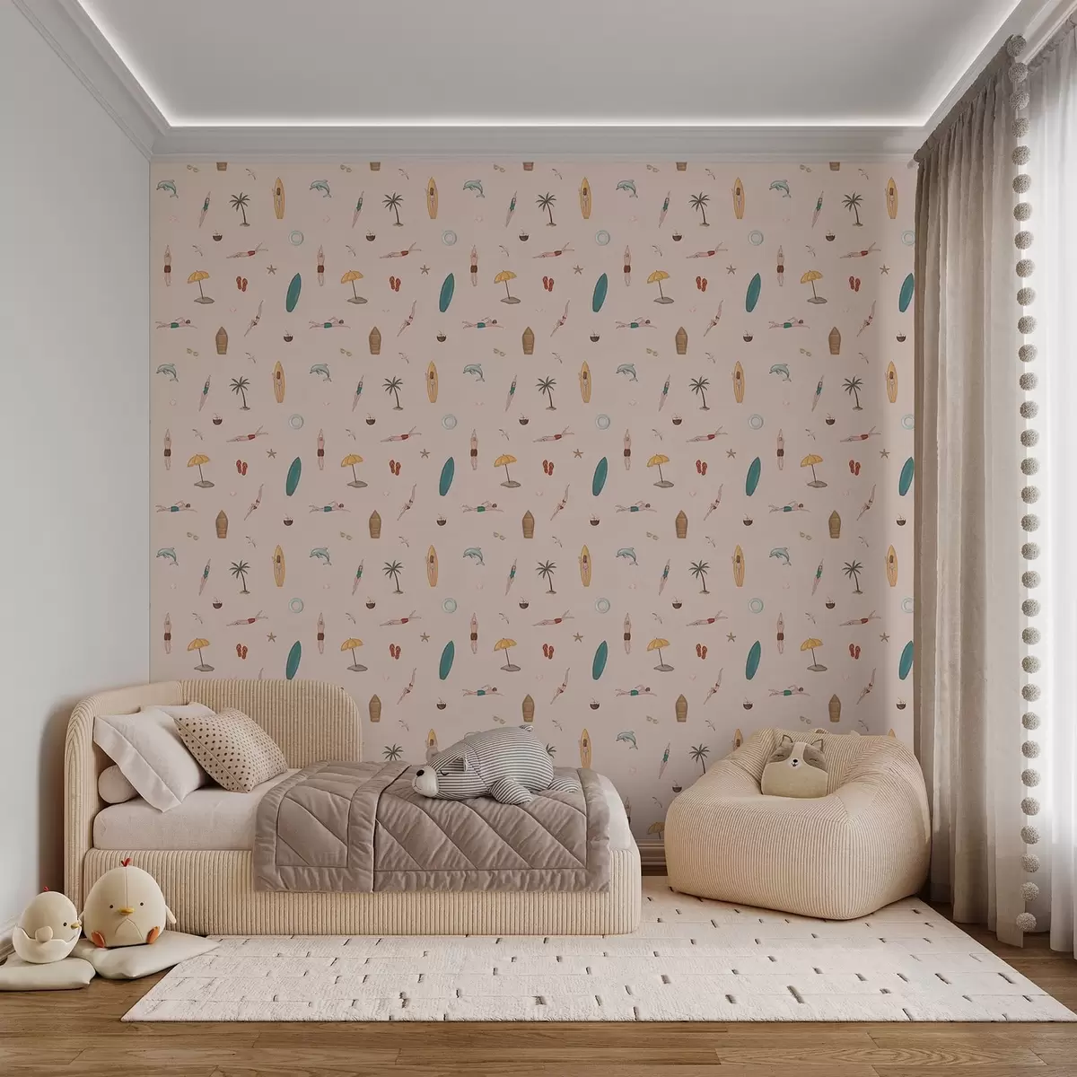 Papel pintado Nadadores, un delfín, una palmera y una tabla de surf sobre un fondo beige a01275