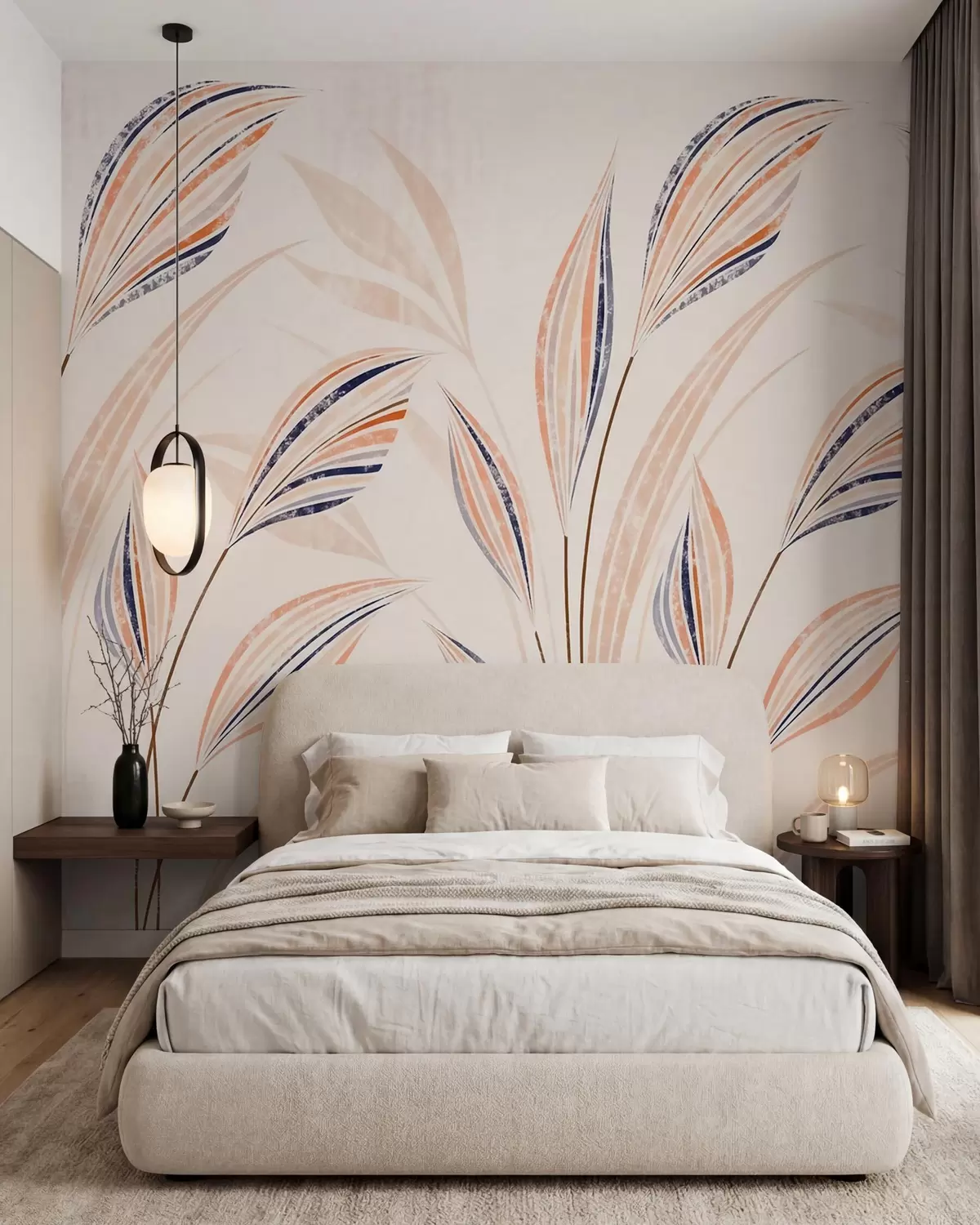 murales de pared Hierbas decorativas abstractas con elegantes hojas alargadas en tonos melocotón, crema y azul acuarela w10093