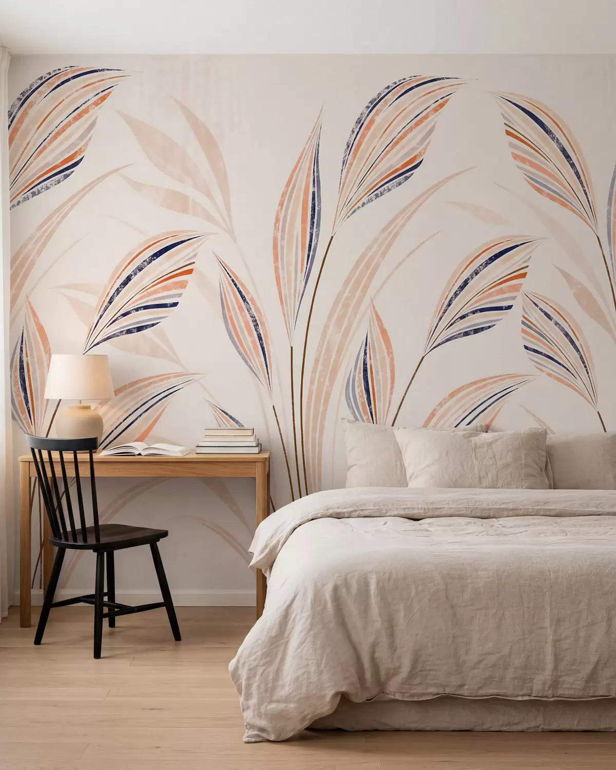 murales de pared Hierbas decorativas abstractas con elegantes hojas alargadas en tonos melocotón, crema y azul acuarela w10093