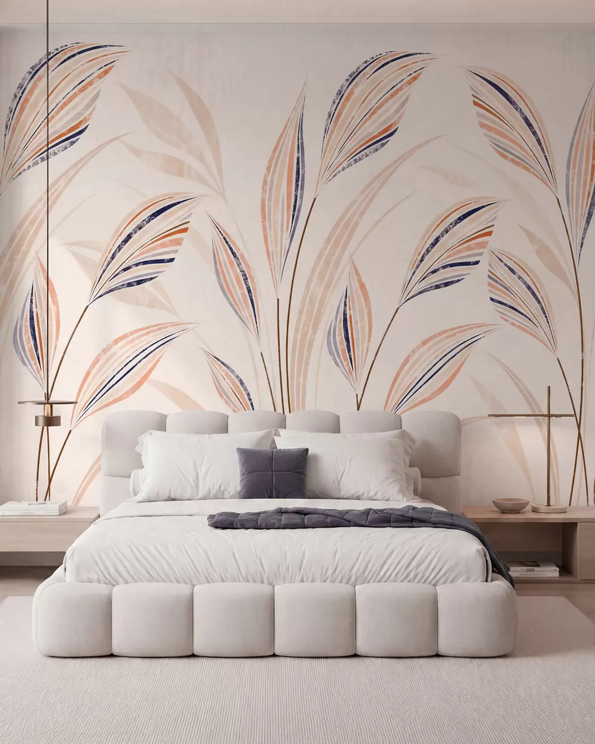 murales de pared Hierbas decorativas abstractas con elegantes hojas alargadas en tonos melocotón, crema y azul acuarela w10093
