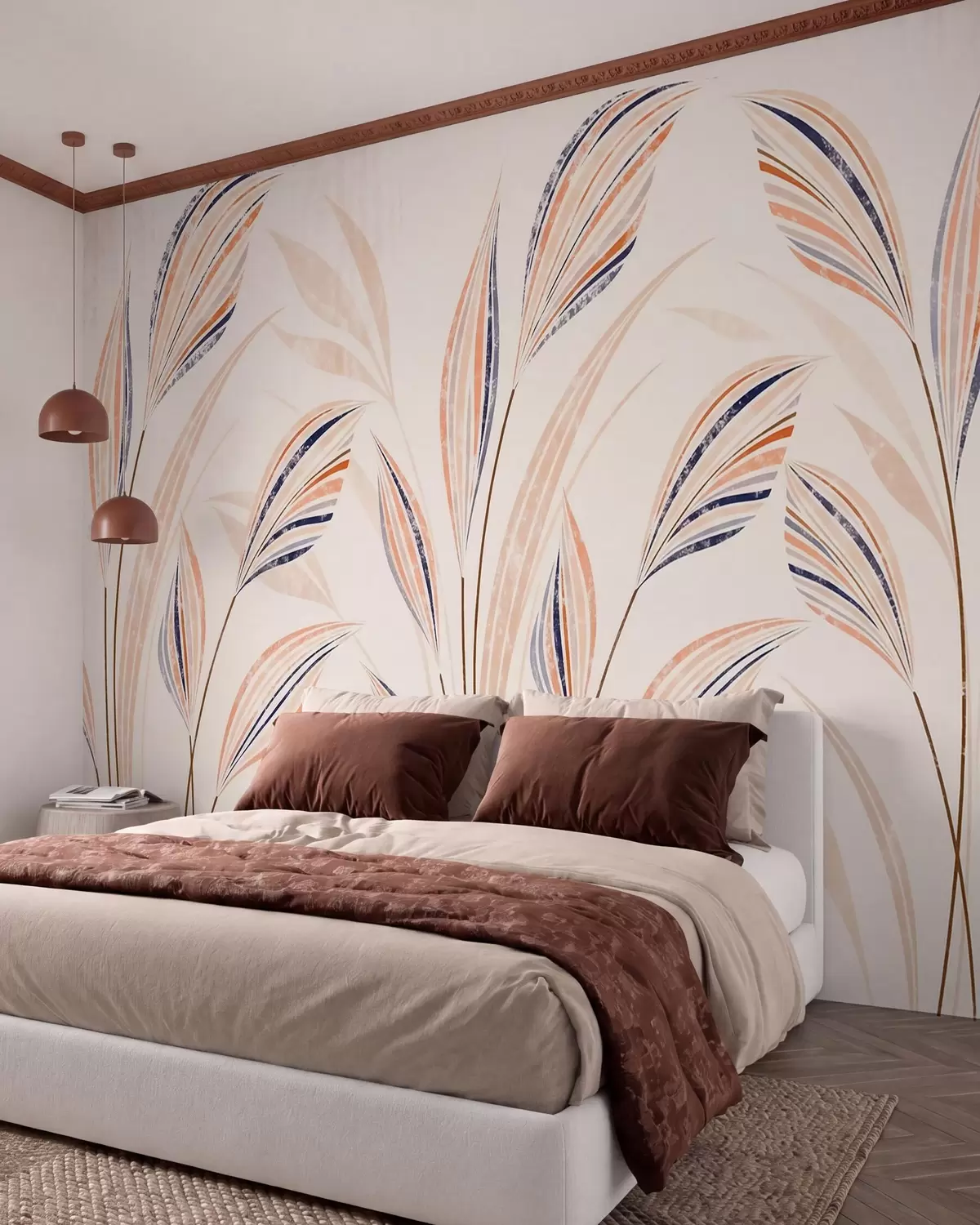 murales de pared Hierbas decorativas abstractas con elegantes hojas alargadas en tonos melocotón, crema y azul acuarela w10093