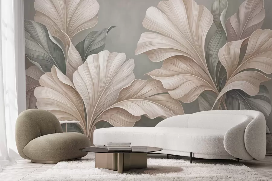 murales de pared Delicadas hojas botánicas en tonos beige natural y verde salvia w10094
