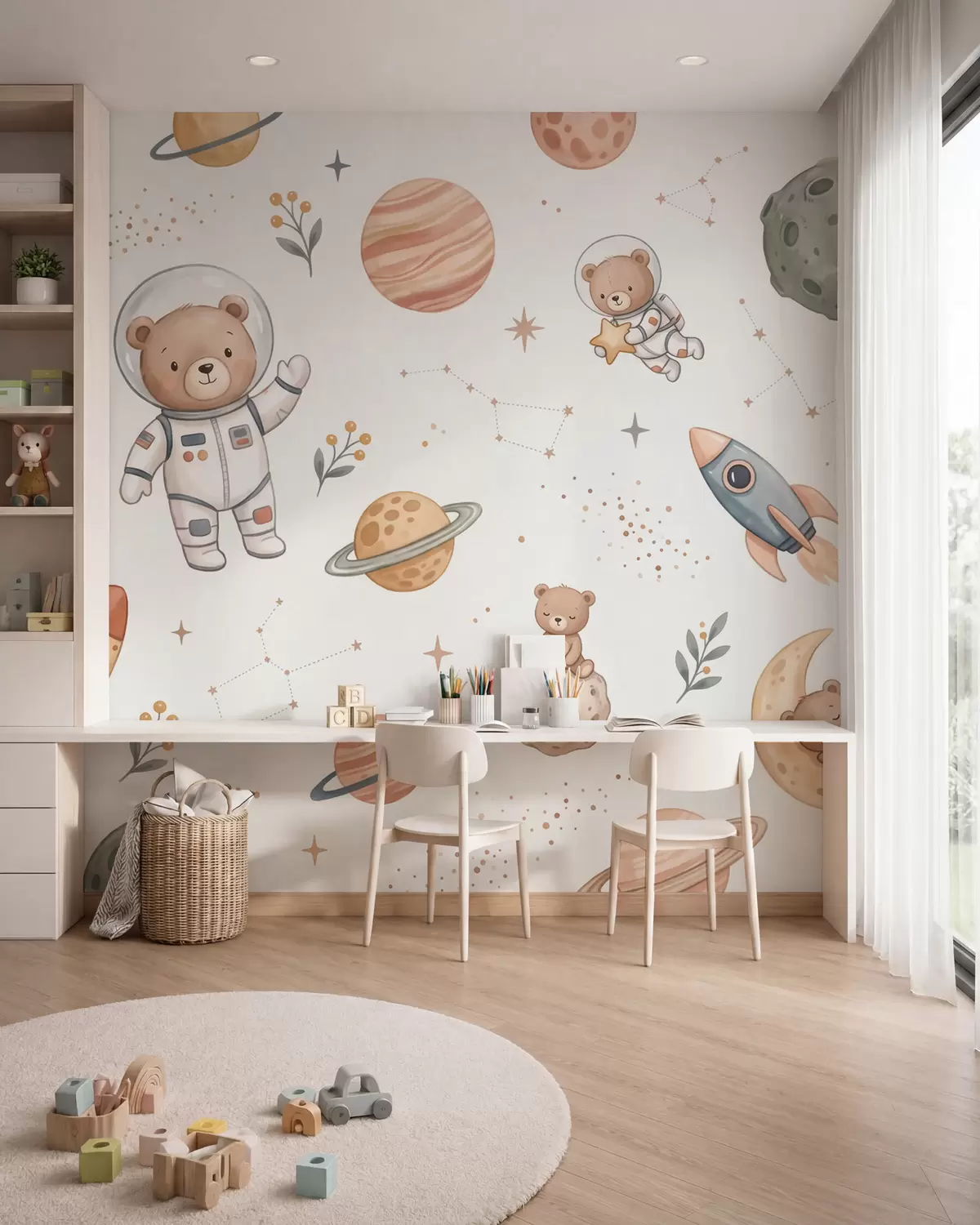 murales de pared Simpáticos ositos de peluche astronautas entre planetas, cohetes y estrellas, en un suave estilo de acuarela en tonos pastel w10096