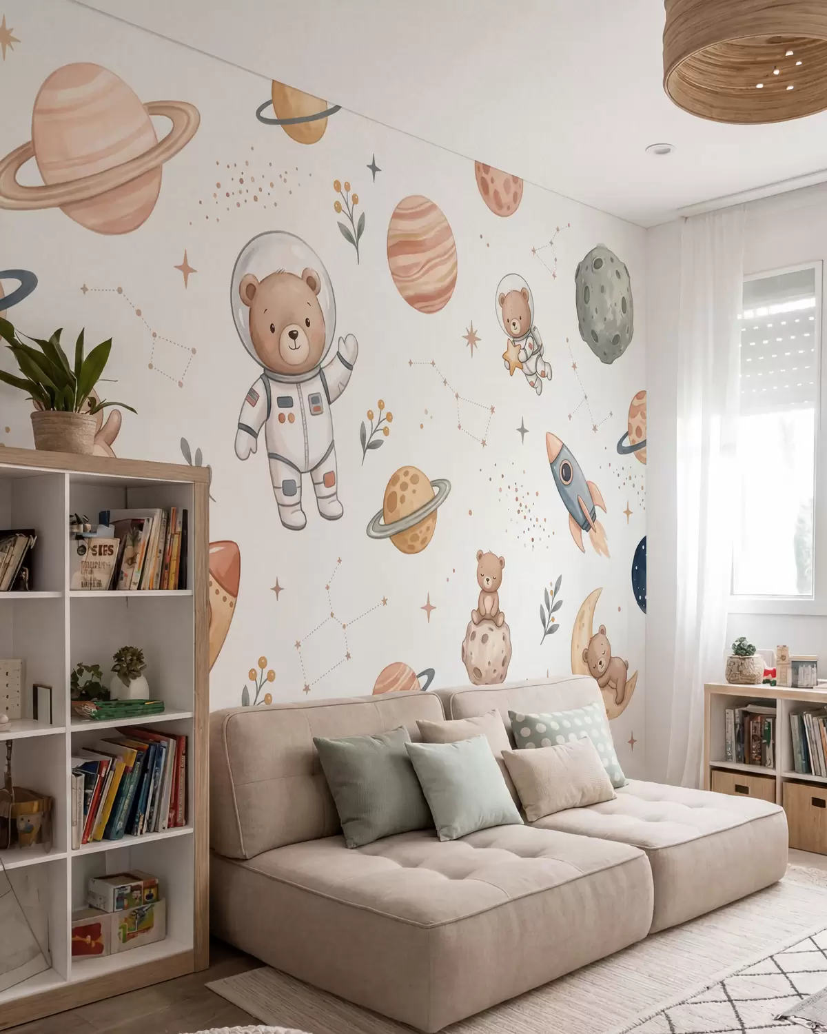 murales de pared Simpáticos ositos de peluche astronautas entre planetas, cohetes y estrellas, en un suave estilo de acuarela en tonos pastel w10096