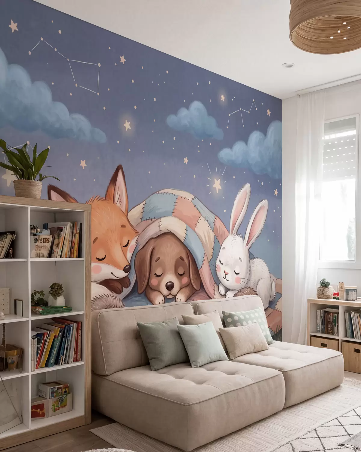 murales de pared Animales del bosque llenos de fantasía que duermen bajo un cielo estrellado sobre una acogedora manta de retazos, en una encantadora ilustración en acuarela w10098