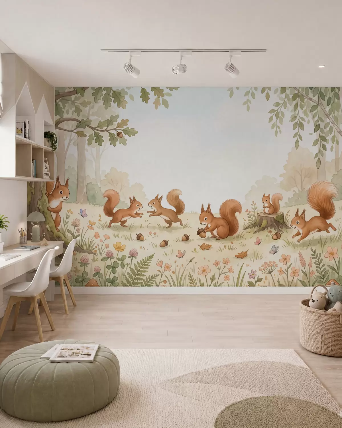 murales de pared Un bosque otoñal con mullidas ardillas rojas, bellotas y delicadas flores silvestres, pintado al estilo de la acuarela w10102