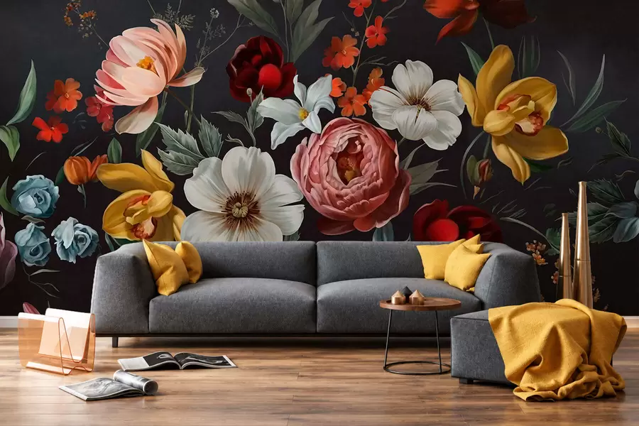 murales de pared Exuberante arreglo de flores de colores sobre un fondo oscuro w05960