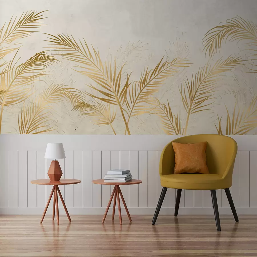 murales de pared Palmera amarilla zorro sobre fondo gris, hojas de helecho u72114