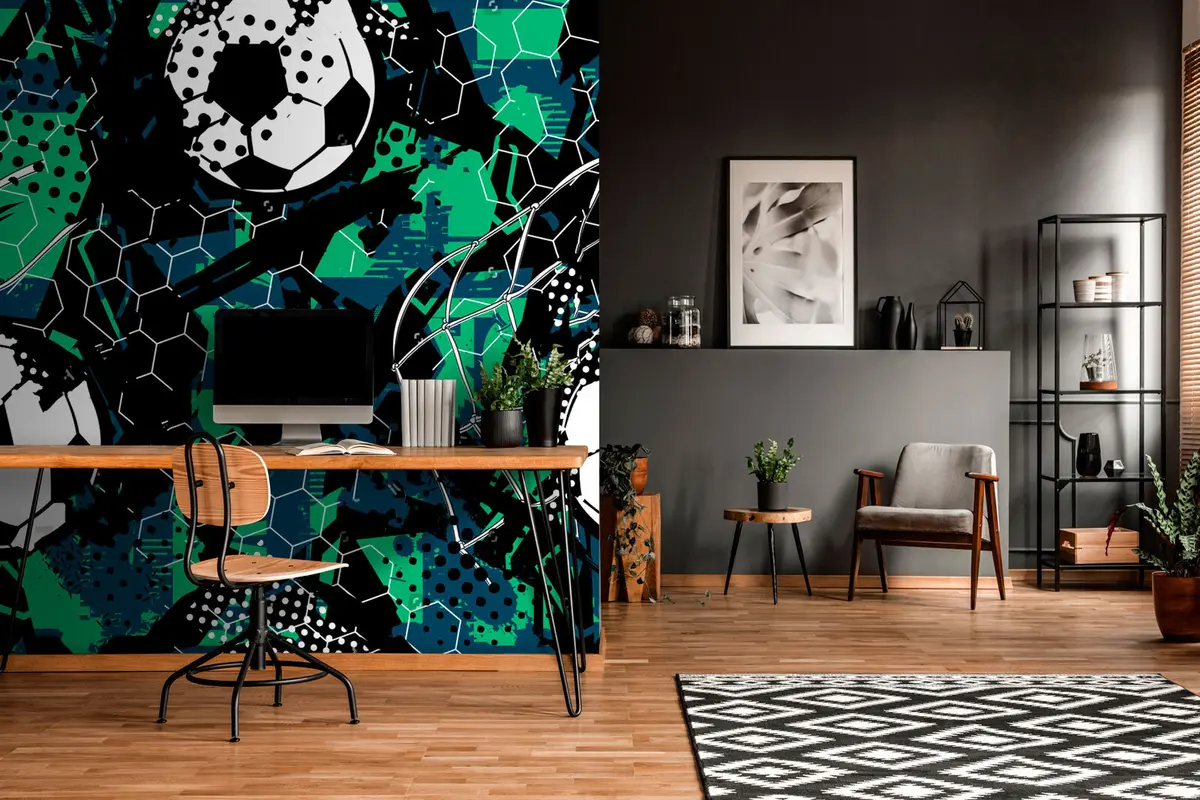 murales de pared Abstracción negro-verde y pelotas de fútbol. u73014