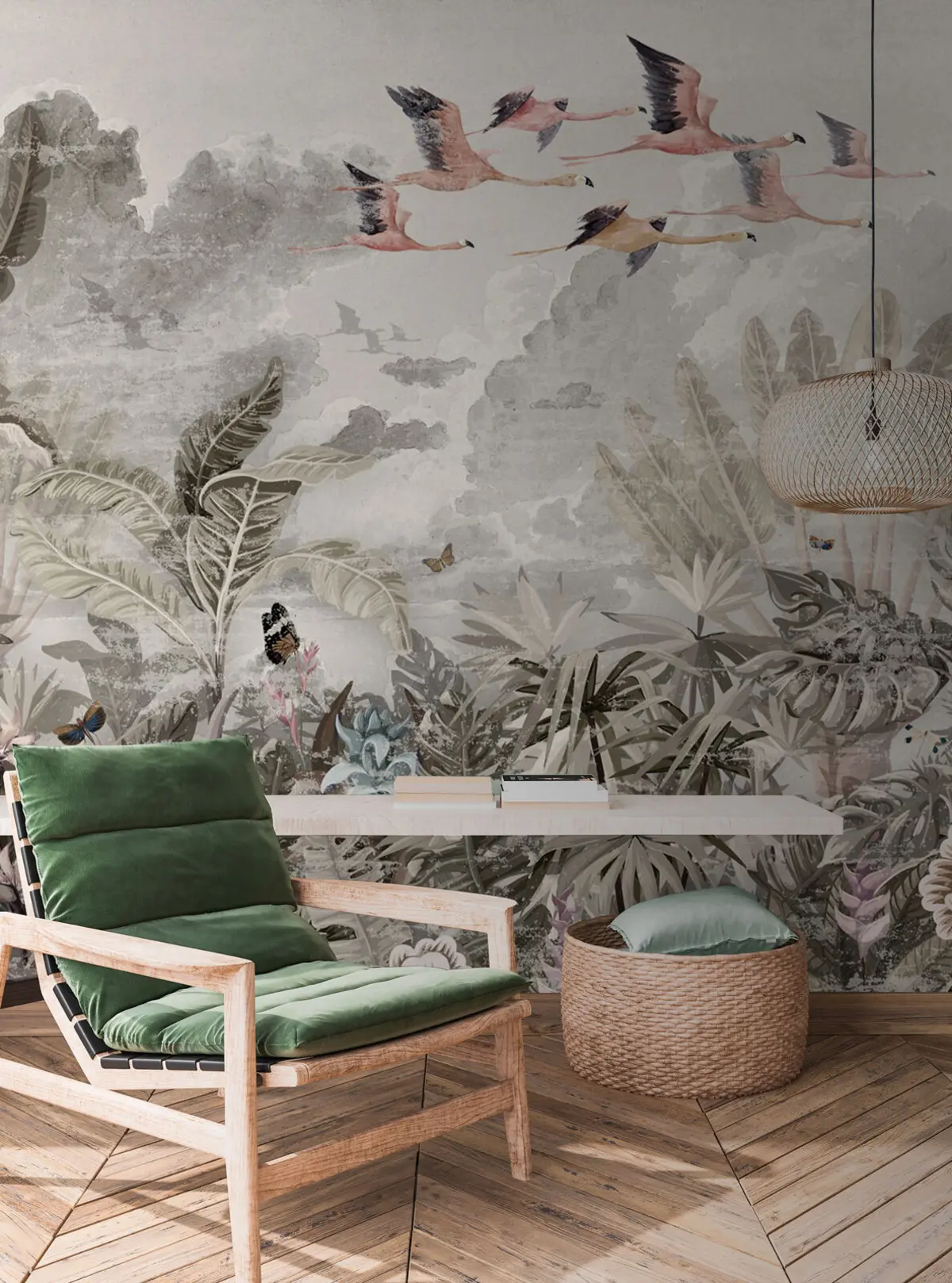 murales de pared Los flamencos vuelan sobre la selva u73561