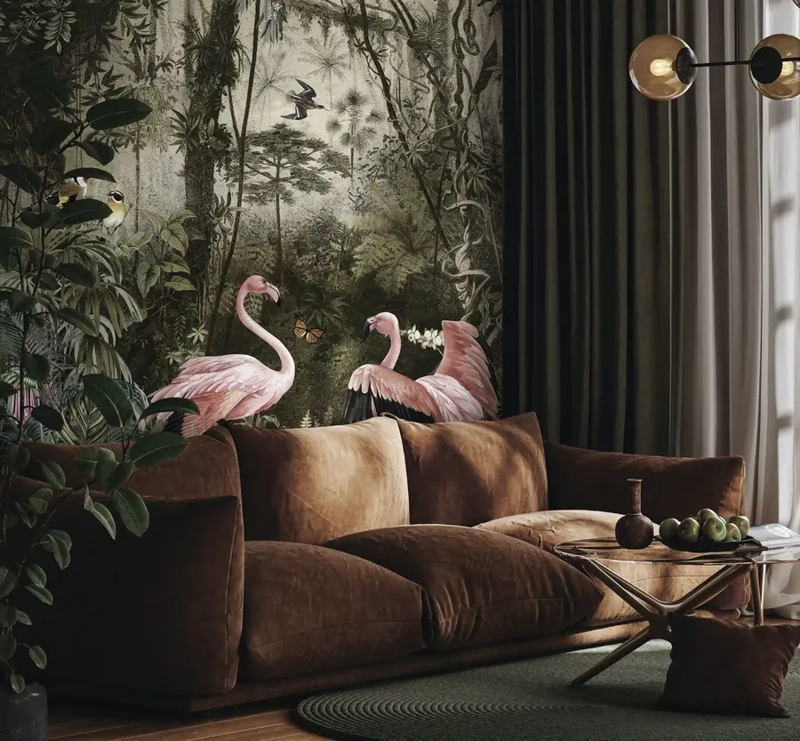 murales de pared Pájaros tropicales y flamencos en la jungla u73568