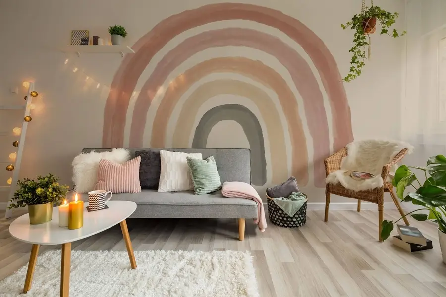 murales de pared papel pintado estilo boho: melocotón coral, arco iris rosa. Arco iris pastel de pared rosa u93566