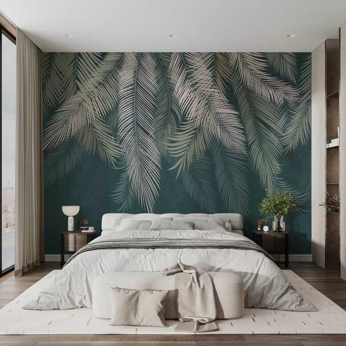 murales de pared Hojas de palma sobre un fondo verde oscuro u48556v2
