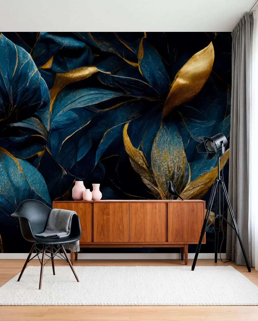 murales de pared Pétalos azules con oro u74140