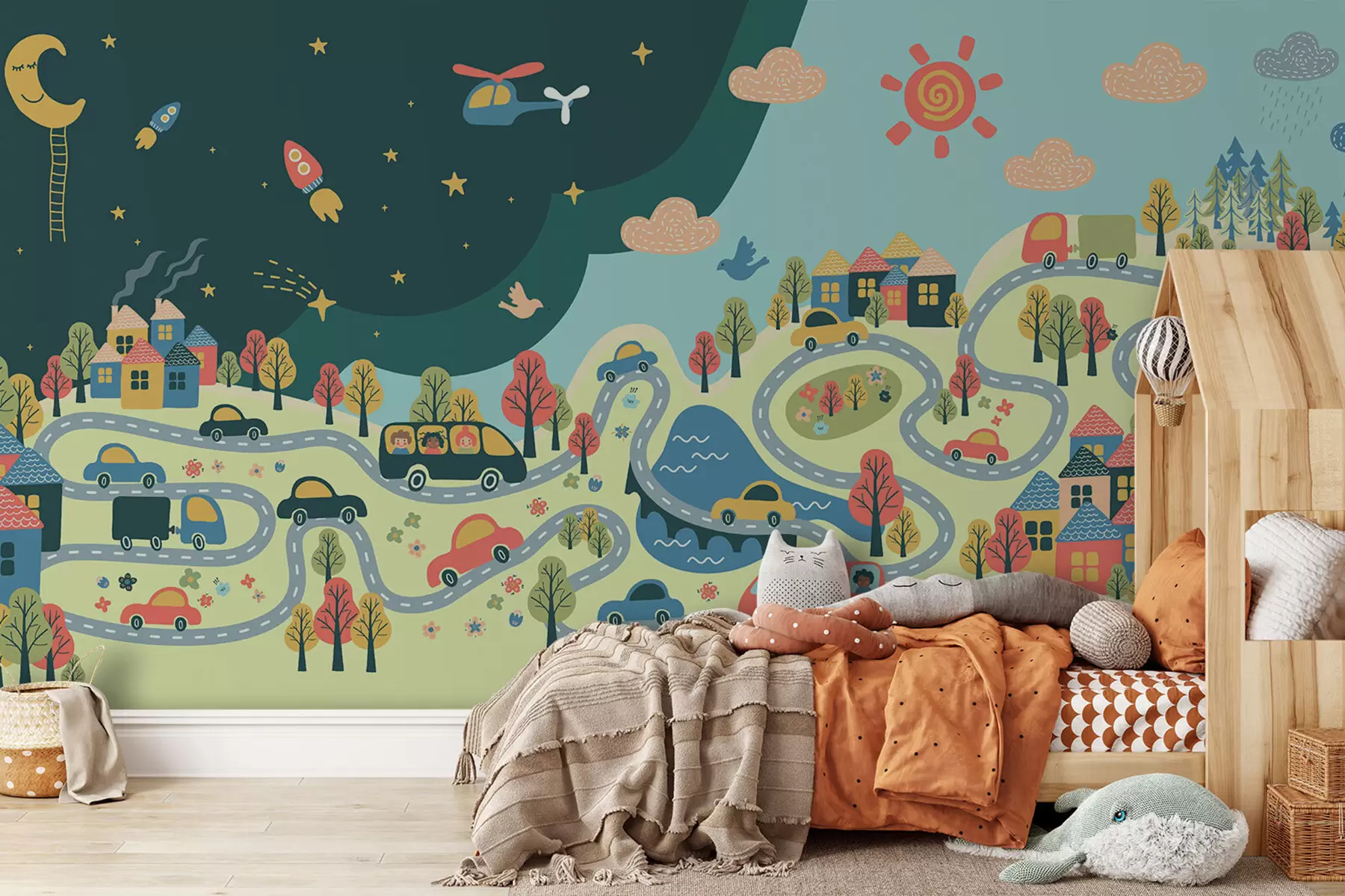 murales de pared Día, noche con una vida de ciudad animada u93830