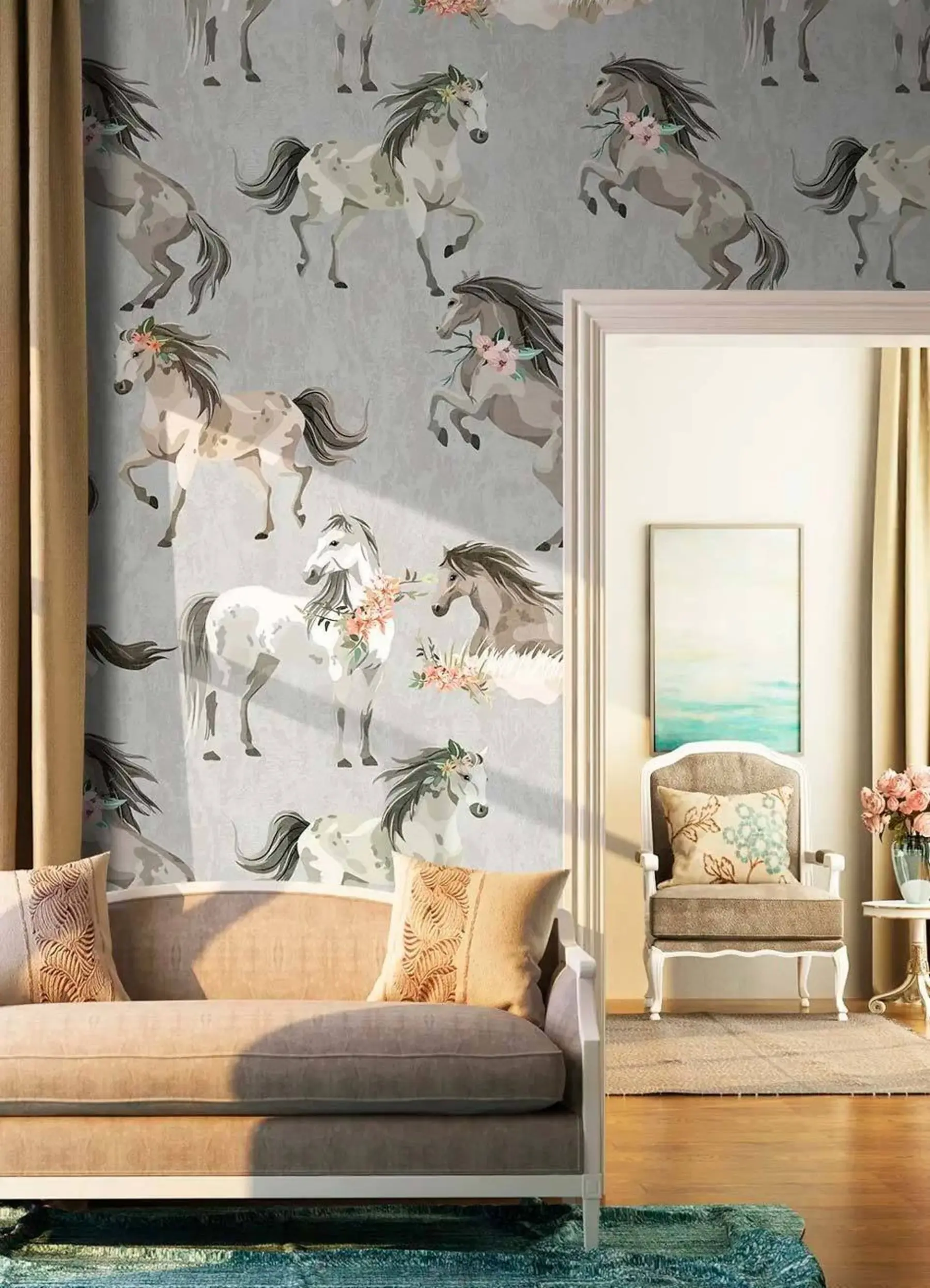 murales de pared Pattern - horses and flowers u59511