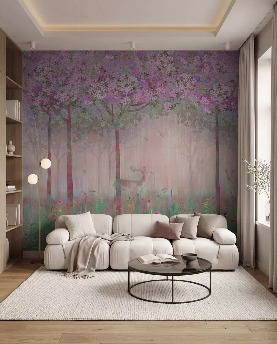 murales de pared Ciervo entre flores rosas u62100v3