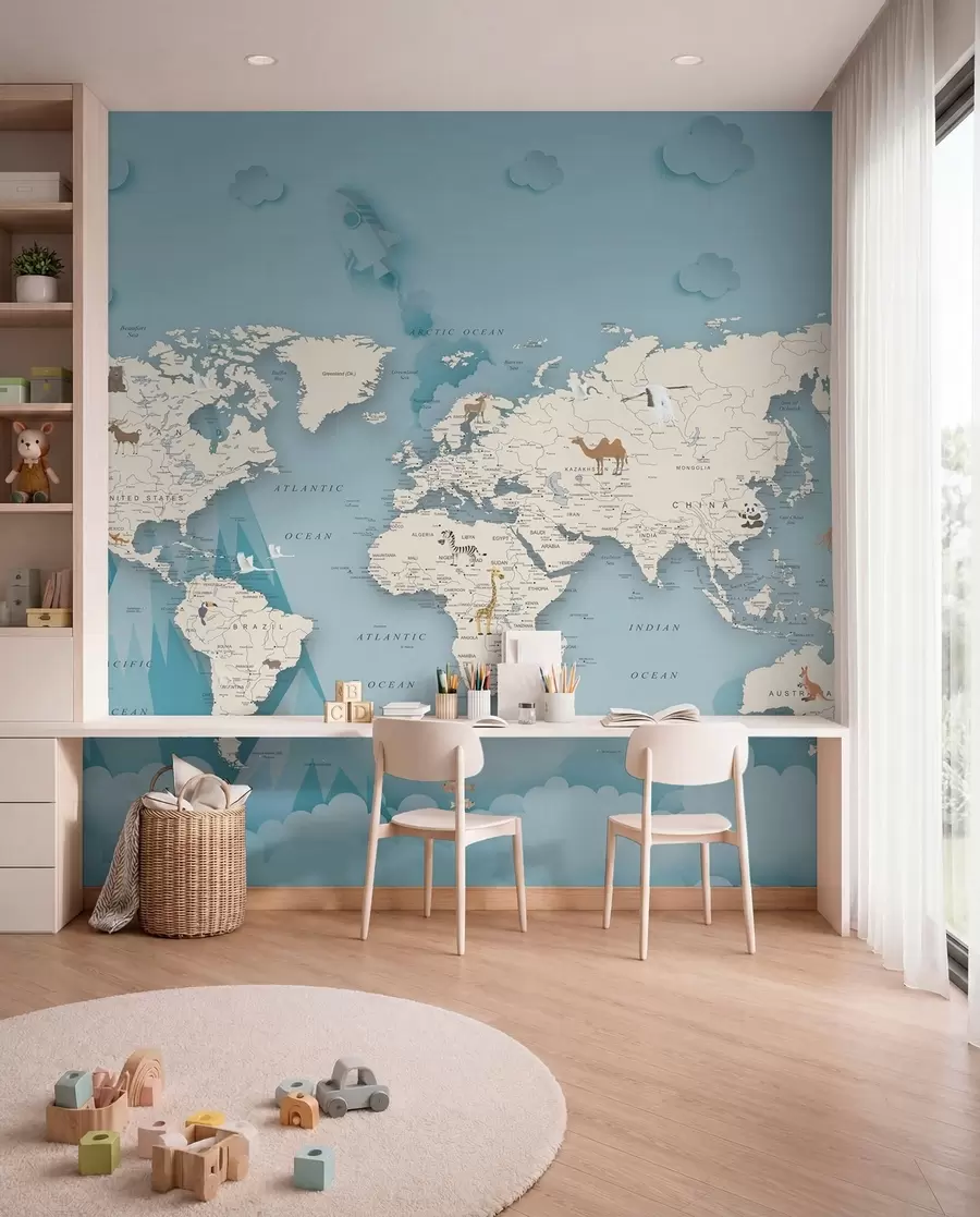 murales de pared Mapa mundial en el fondo de las montañas u79831