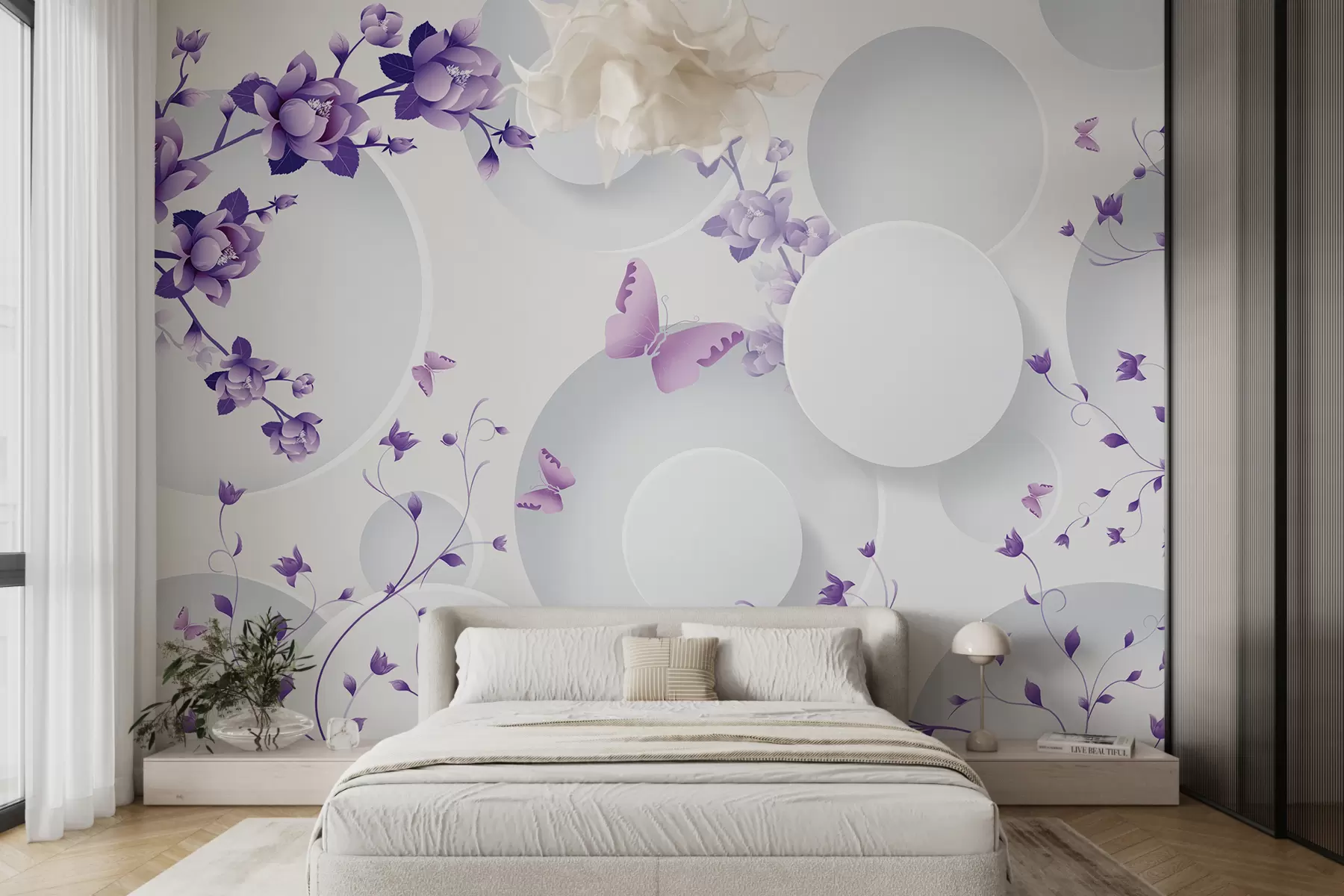 murales de pared Formas 3D con flores y mariposas u74482