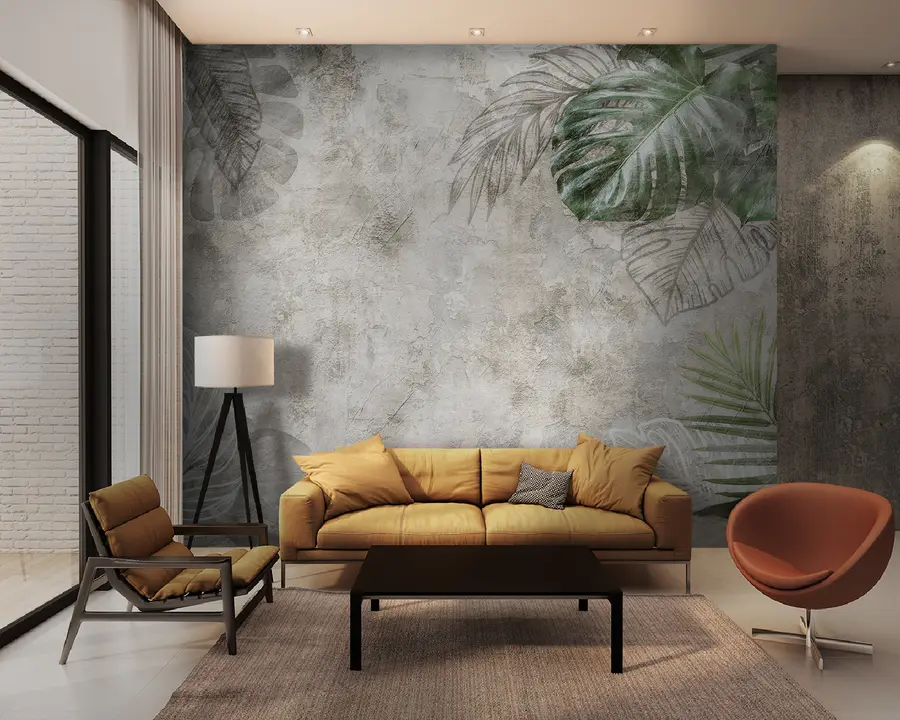 murales de pared Hojas tropicales en una pared envejecida u93964