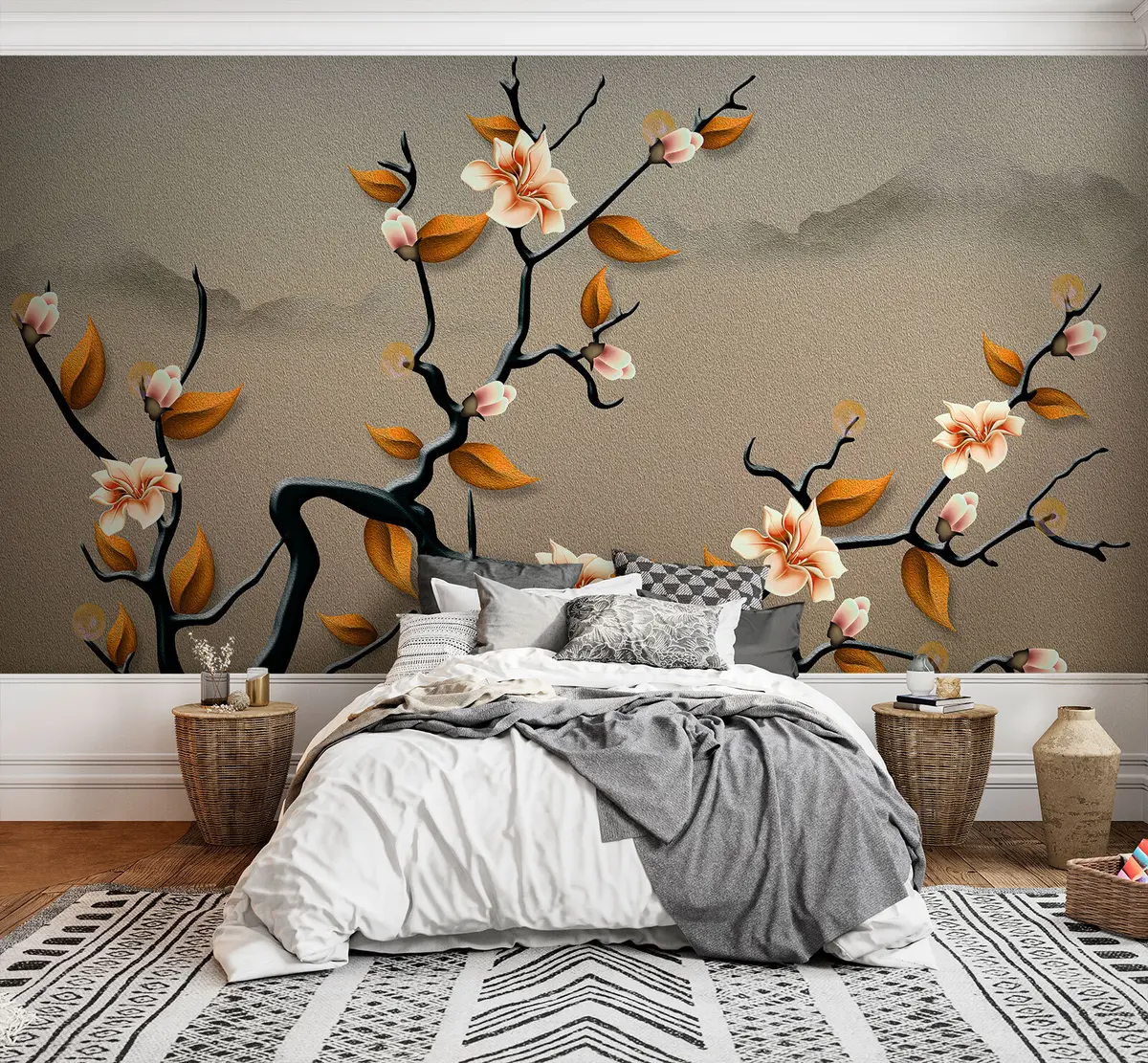 murales de pared Rama negra con colores de magnolia u74803
