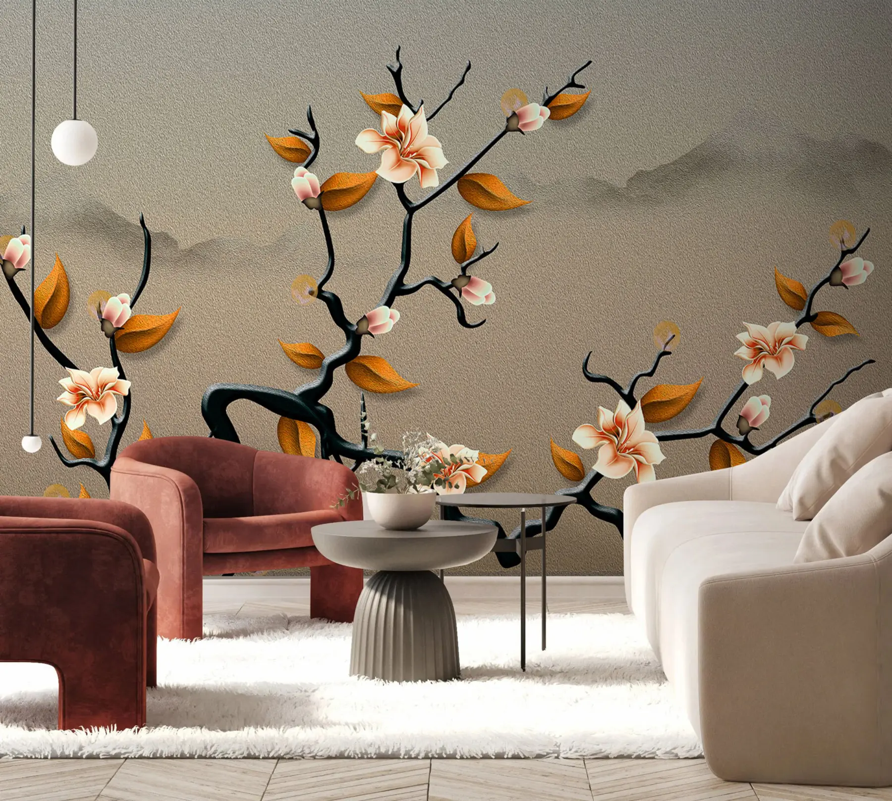 murales de pared Rama negra con colores de magnolia u74803