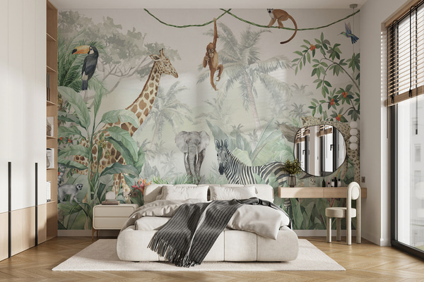 Fotomurale Papel pintado Panorama de la jungla con animales, Fotomurales Infantiles, u74709 : uwalls.com.co