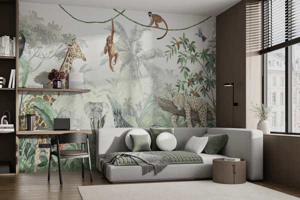 Fotomurale Papel pintado Panorama de la jungla con animales, Fotomurales Infantiles, u74709 : uwalls.com.co