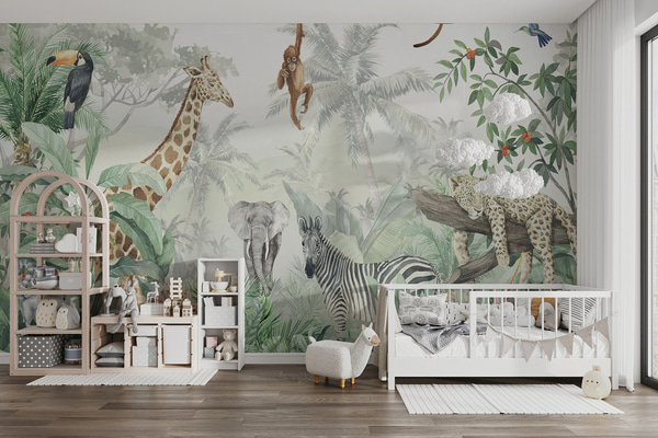 Fotomurale Papel pintado Panorama de la jungla con animales, Fotomurales Infantiles, u74709 : uwalls.com.co
