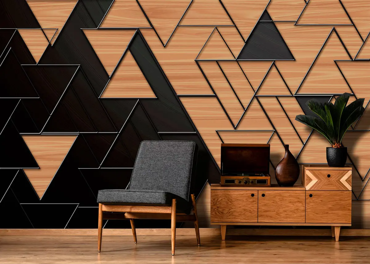 murales de pared triángulos 3D gris oscuro y veteado de madera con líneas en relieve u75167