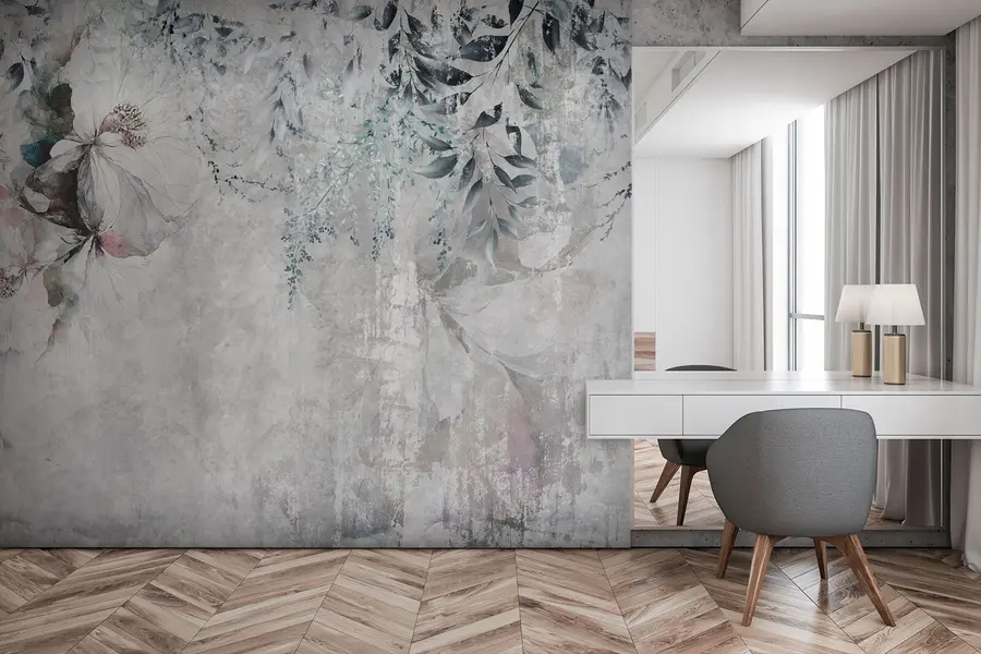 murales de pared Estilo grunge con ramas y capullos blancos u74746