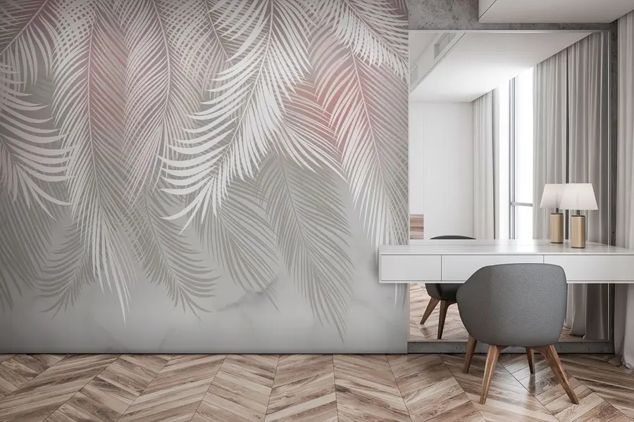 murales de pared Exclusivas hojas de palmera con un tinte rosado u94130