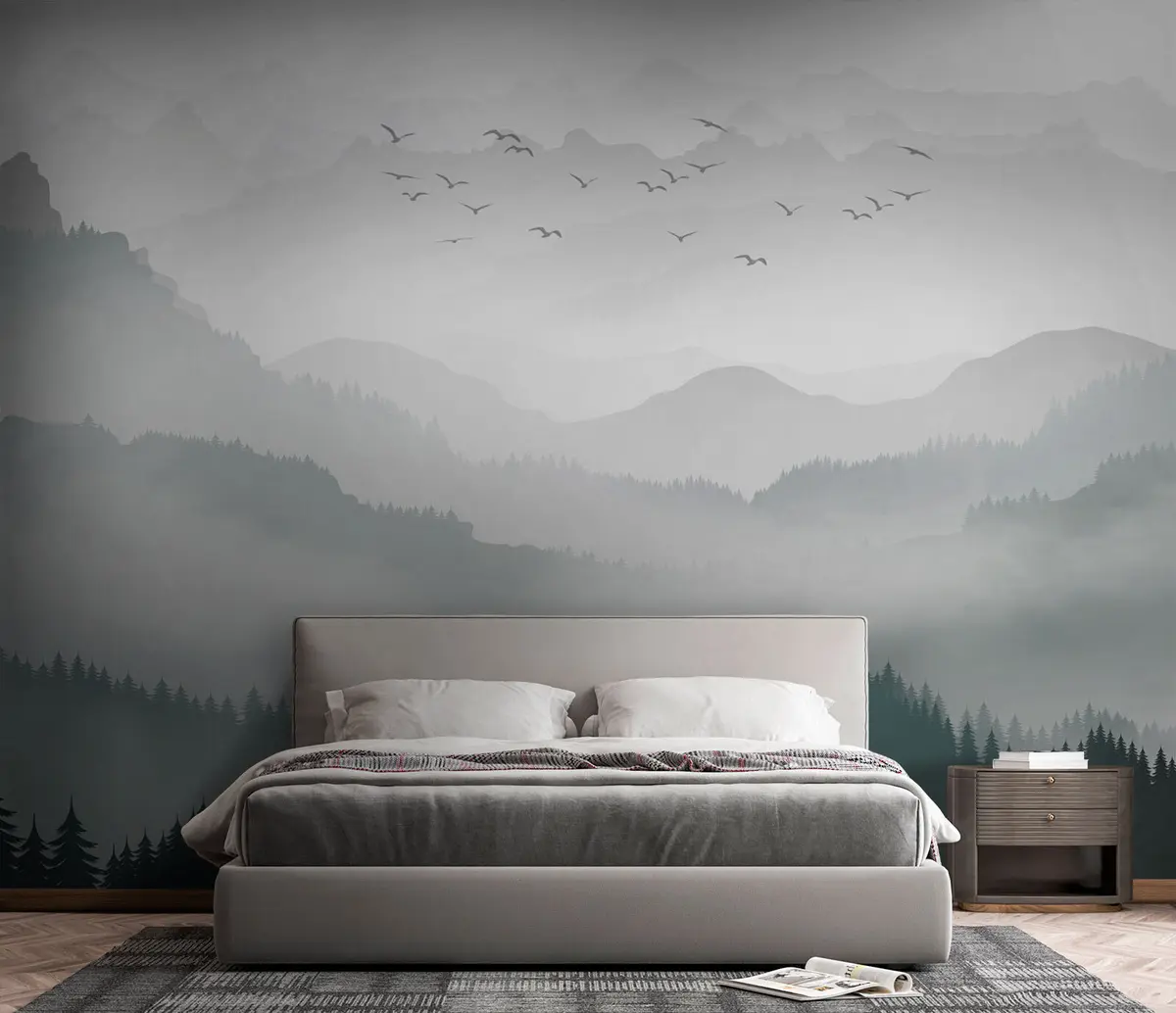 murales de pared Montañas en la niebla y un paquete de pájaros u94300