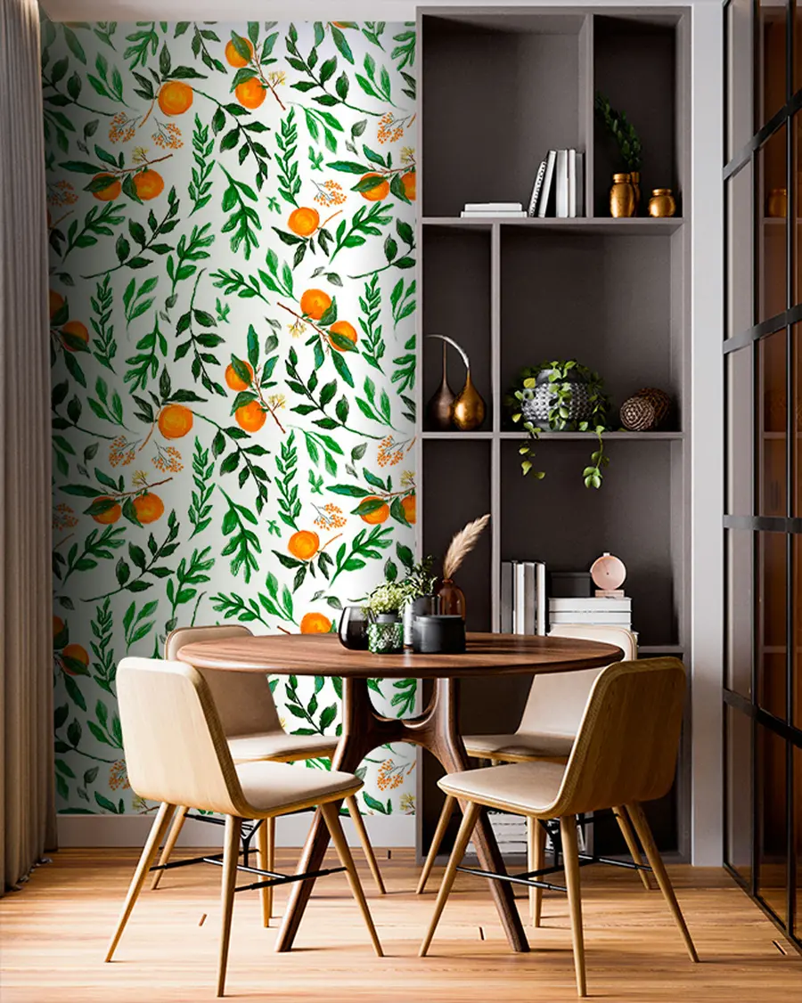 murales de pared Patrón naranja, diseño de papel tapiz con hojas y frutas u94333