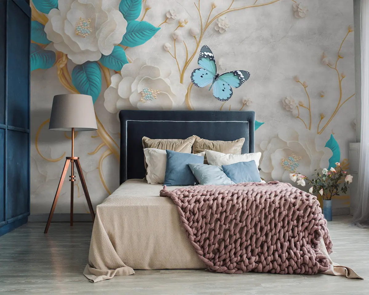 murales de pared Flores y mariposas al estilo acuarela en una pared de hormigón u94095