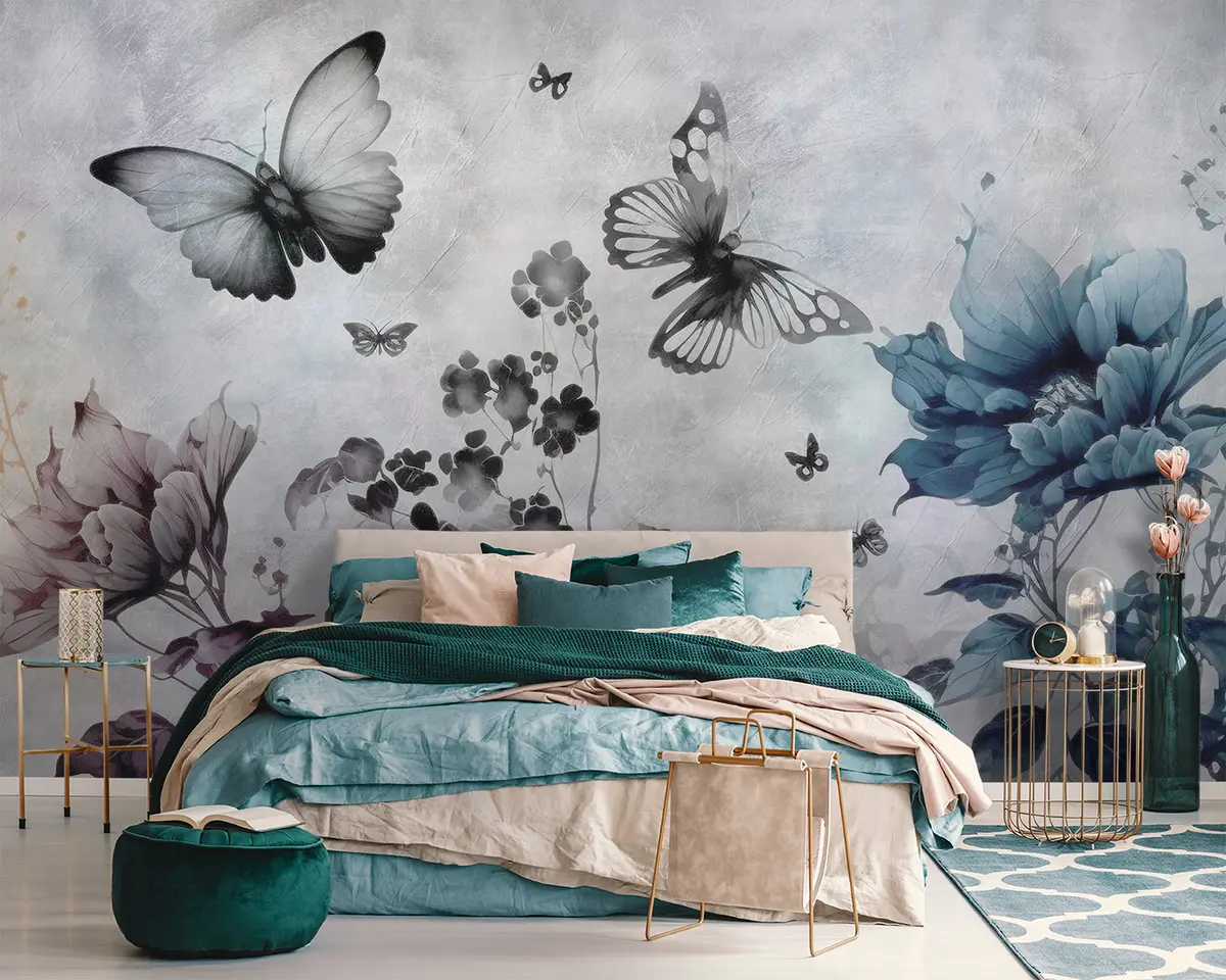murales de pared Mariposas y flores en estilo acuarela u94001
