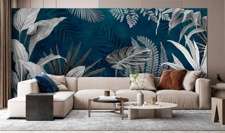 murales de pared Hojas tropicales sobre fondo azul en estilo grunge u94419