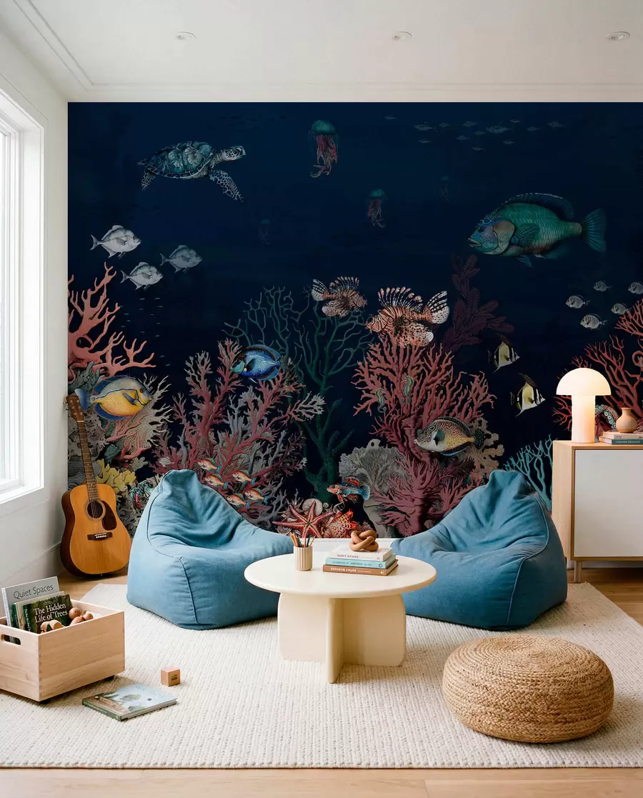 murales de pared Arrecifes de coral y peces en las profundidades de la bahía u94467