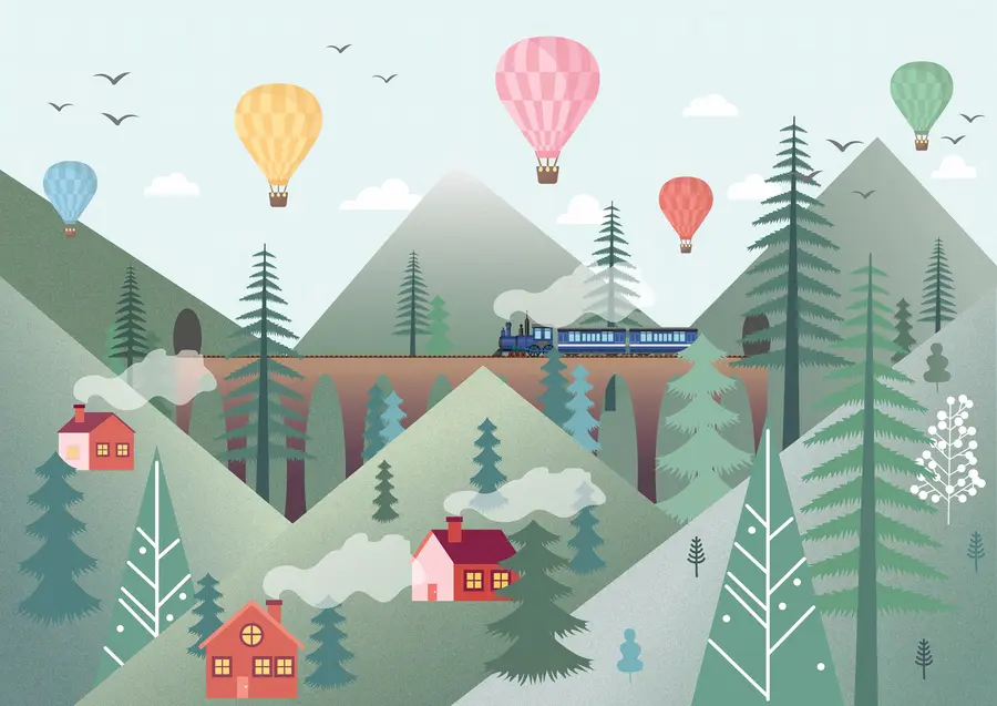 murales de pared Montañas verdes y un pueblo al estilo escandinavo u94615