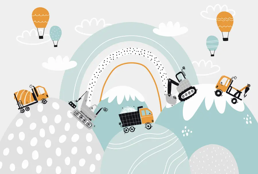 murales de pared Vehículos de construcción, paisaje montañoso, globos y nubes al estilo escandinavo u95046