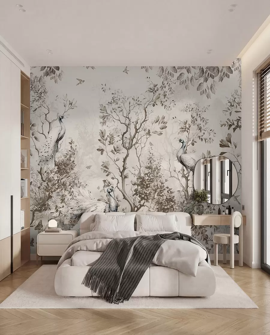 murales de pared Un jardín con pájaros frágiles, pavos reales u94850