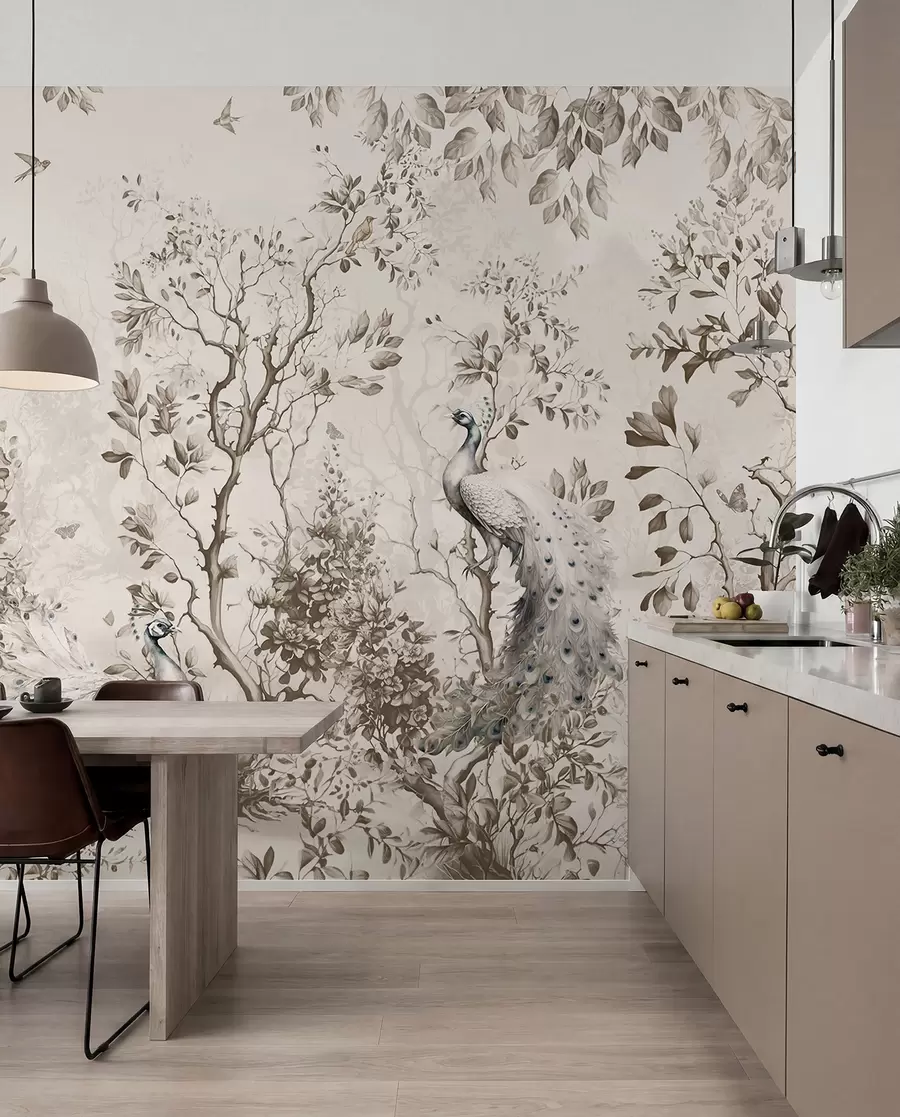 murales de pared Un jardín con pájaros frágiles, pavos reales u94850